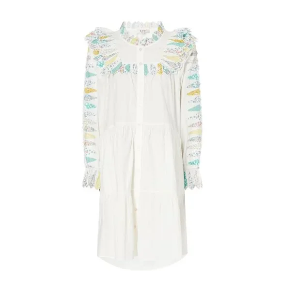 Sea NY Linden Patchwork Dress Womens XS Cream Blue Long Sleeve Ruffle Cotton - Picture 2 of 13